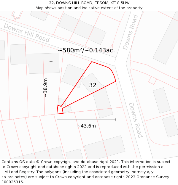 32, DOWNS HILL ROAD, EPSOM, KT18 5HW: Plot and title map
