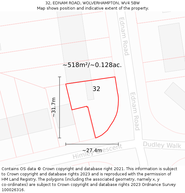 32, EDNAM ROAD, WOLVERHAMPTON, WV4 5BW: Plot and title map