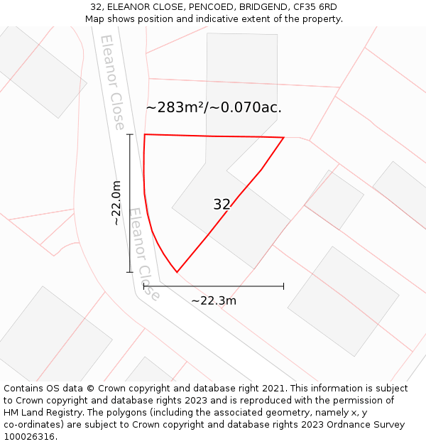 32, ELEANOR CLOSE, PENCOED, BRIDGEND, CF35 6RD: Plot and title map