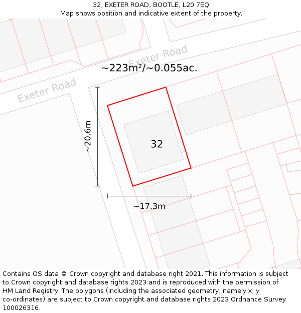 32, EXETER ROAD, BOOTLE, L20 7EQ: Plot and title map