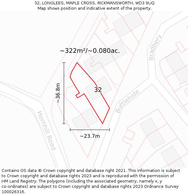 32, LONGLEES, MAPLE CROSS, RICKMANSWORTH, WD3 9UQ: Plot and title map