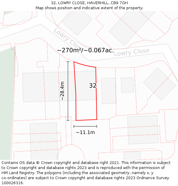 32, LOWRY CLOSE, HAVERHILL, CB9 7GH: Plot and title map