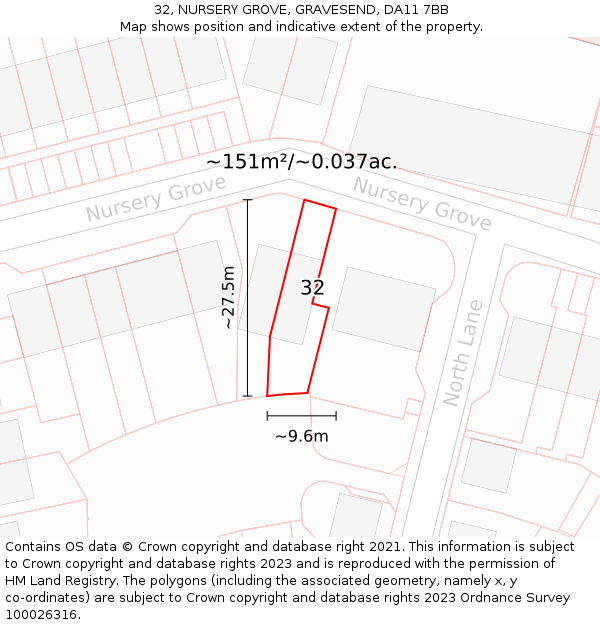 32, NURSERY GROVE, GRAVESEND, DA11 7BB: Plot and title map