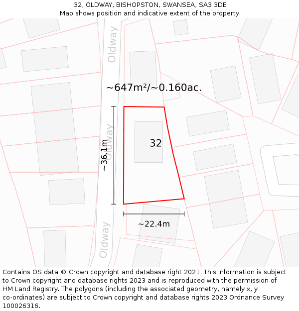 32, OLDWAY, BISHOPSTON, SWANSEA, SA3 3DE: Plot and title map