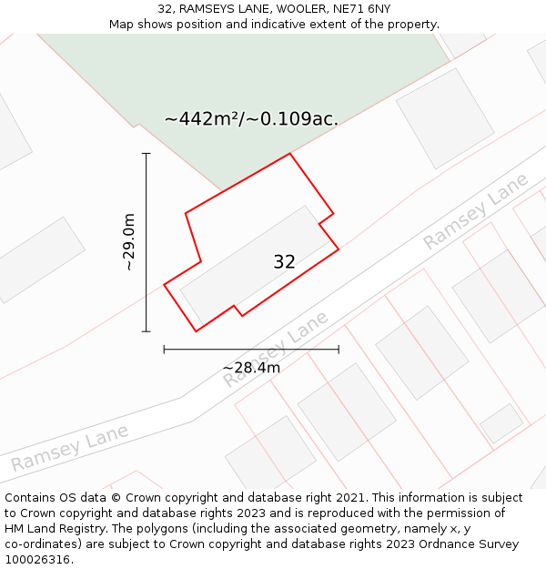 32, RAMSEYS LANE, WOOLER, NE71 6NY: Plot and title map