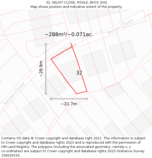 32, SELIOT CLOSE, POOLE, BH15 2HQ: Plot and title map