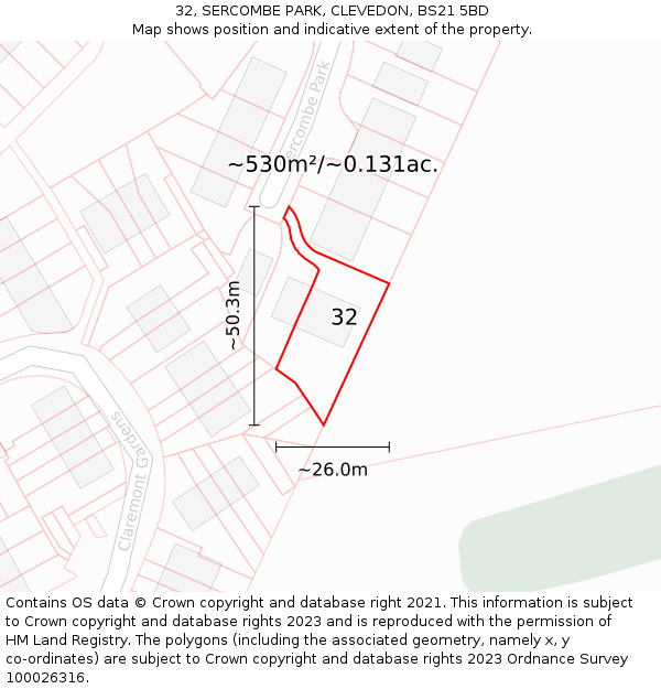 32, SERCOMBE PARK, CLEVEDON, BS21 5BD: Plot and title map