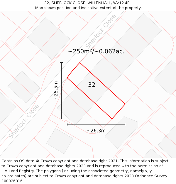 32, SHERLOCK CLOSE, WILLENHALL, WV12 4EH: Plot and title map