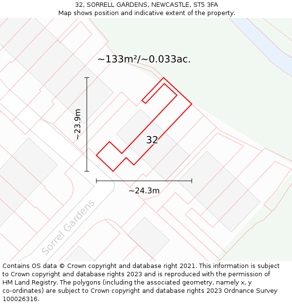 32, SORRELL GARDENS, NEWCASTLE, ST5 3FA: Plot and title map