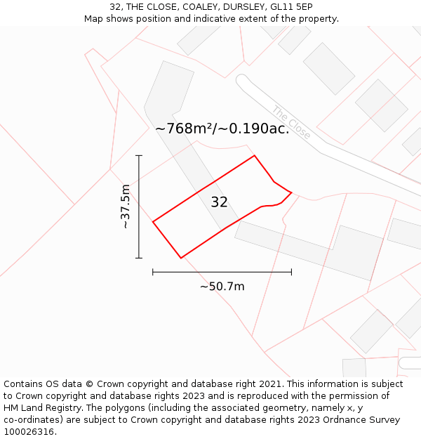 32, THE CLOSE, COALEY, DURSLEY, GL11 5EP: Plot and title map