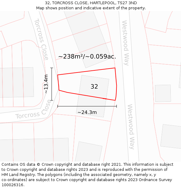 32, TORCROSS CLOSE, HARTLEPOOL, TS27 3ND: Plot and title map