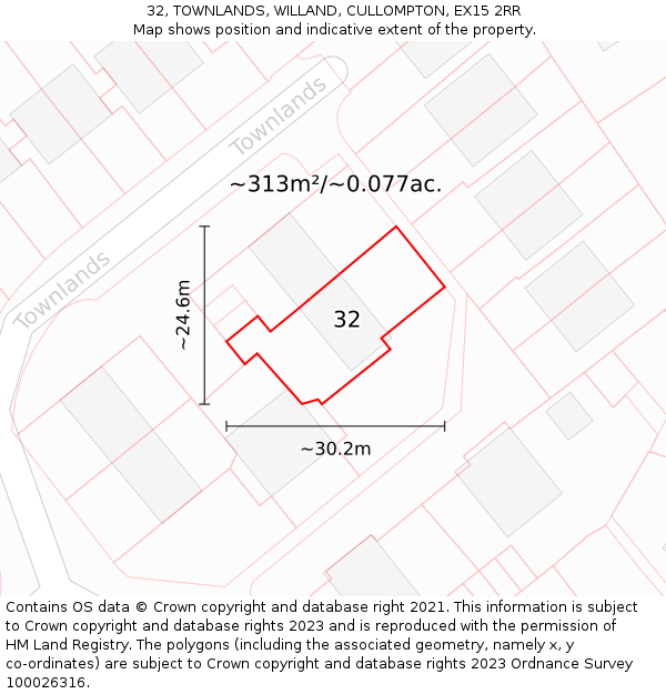 32, TOWNLANDS, WILLAND, CULLOMPTON, EX15 2RR: Plot and title map
