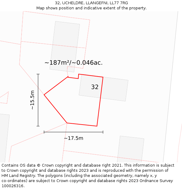 32, UCHELDRE, LLANGEFNI, LL77 7RG: Plot and title map