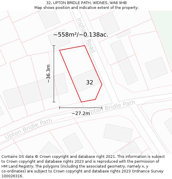 32, UPTON BRIDLE PATH, WIDNES, WA8 9HB: Plot and title map