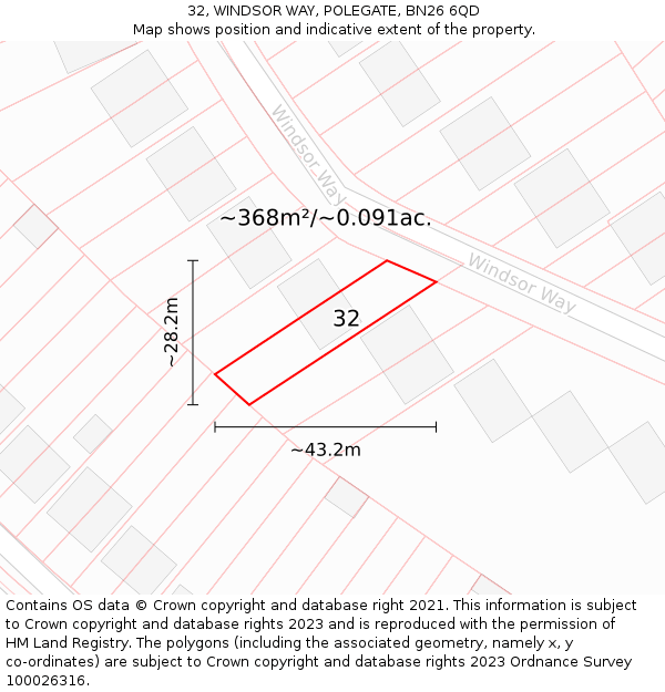 32, WINDSOR WAY, POLEGATE, BN26 6QD: Plot and title map