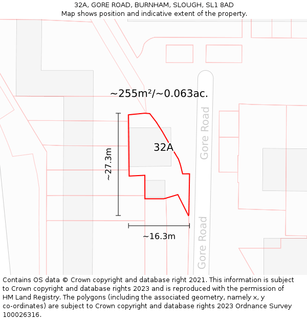 32A, GORE ROAD, BURNHAM, SLOUGH, SL1 8AD: Plot and title map