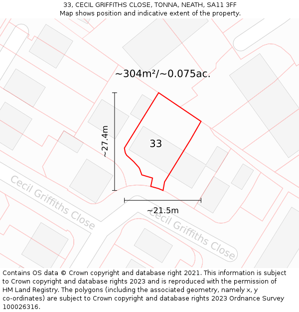33, CECIL GRIFFITHS CLOSE, TONNA, NEATH, SA11 3FF: Plot and title map