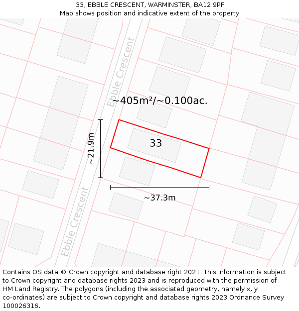 33, EBBLE CRESCENT, WARMINSTER, BA12 9PF: Plot and title map