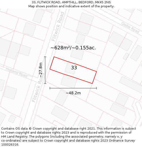 33, FLITWICK ROAD, AMPTHILL, BEDFORD, MK45 2NS: Plot and title map