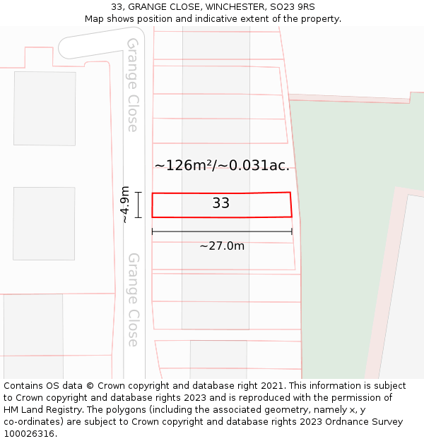 33, GRANGE CLOSE, WINCHESTER, SO23 9RS: Plot and title map