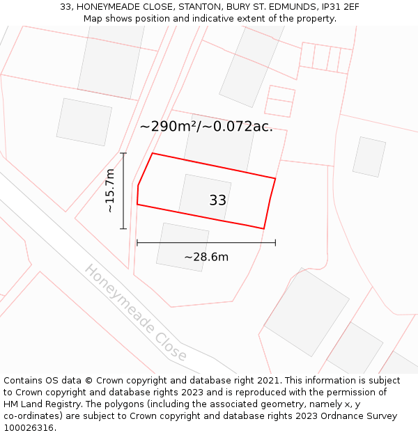 33, HONEYMEADE CLOSE, STANTON, BURY ST. EDMUNDS, IP31 2EF: Plot and title map