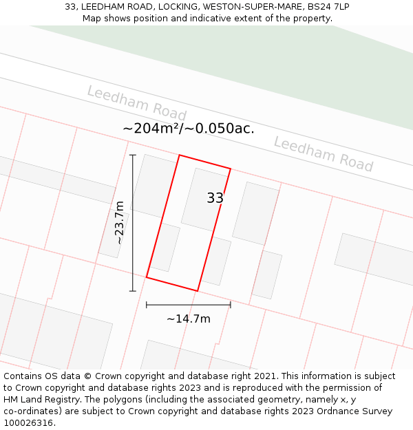33, LEEDHAM ROAD, LOCKING, WESTON-SUPER-MARE, BS24 7LP: Plot and title map