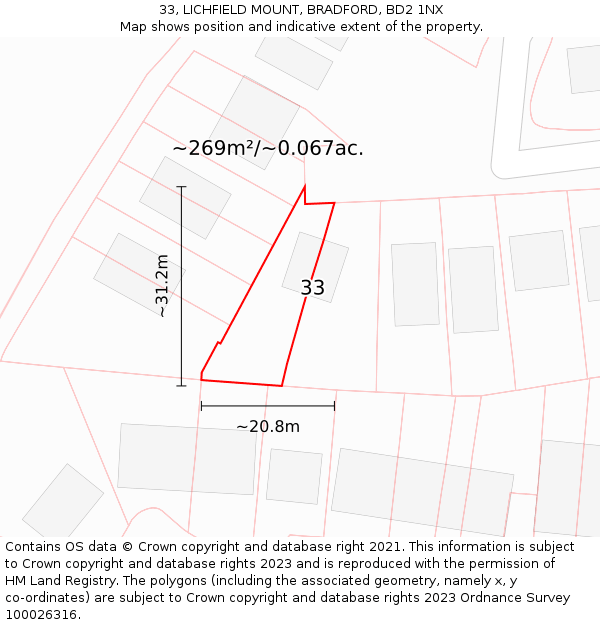 33, LICHFIELD MOUNT, BRADFORD, BD2 1NX: Plot and title map