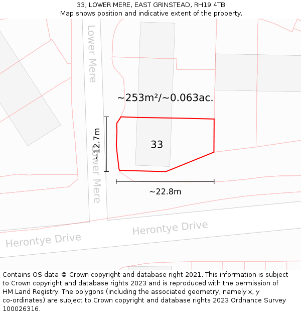 33, LOWER MERE, EAST GRINSTEAD, RH19 4TB: Plot and title map