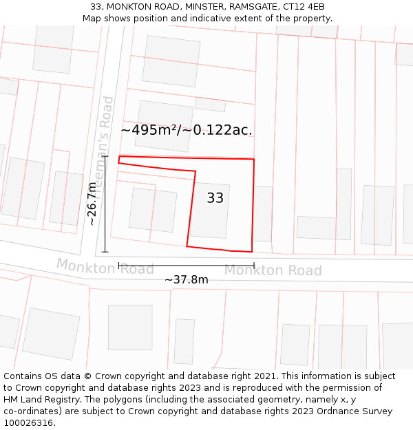 33, MONKTON ROAD, MINSTER, RAMSGATE, CT12 4EB: Plot and title map