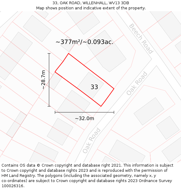 33, OAK ROAD, WILLENHALL, WV13 3DB: Plot and title map
