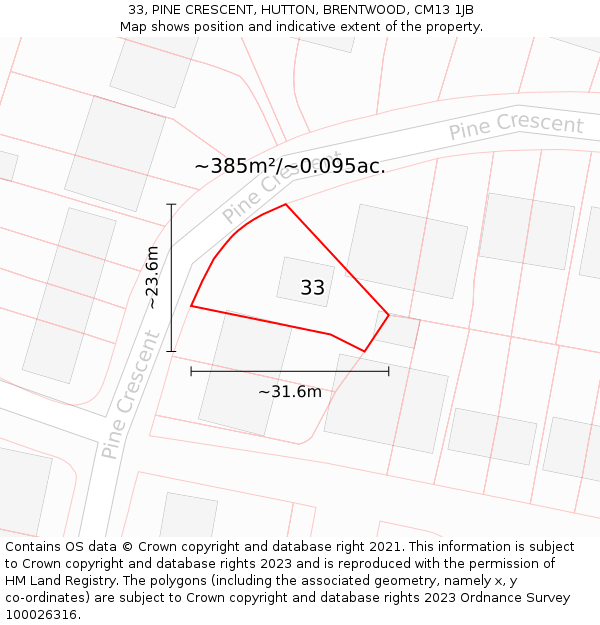 33, PINE CRESCENT, HUTTON, BRENTWOOD, CM13 1JB: Plot and title map