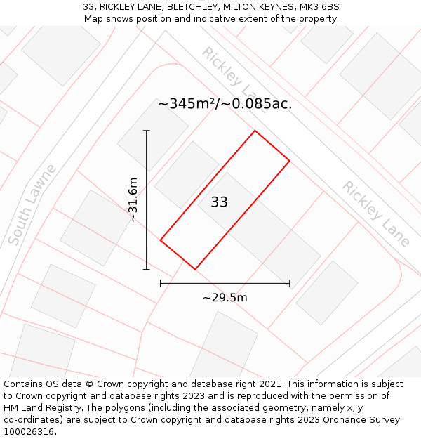33, RICKLEY LANE, BLETCHLEY, MILTON KEYNES, MK3 6BS: Plot and title map