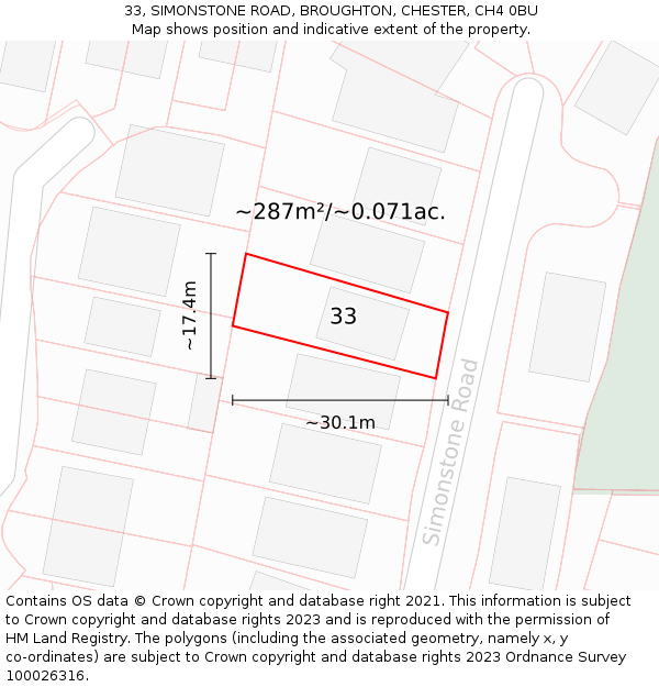 33, SIMONSTONE ROAD, BROUGHTON, CHESTER, CH4 0BU: Plot and title map
