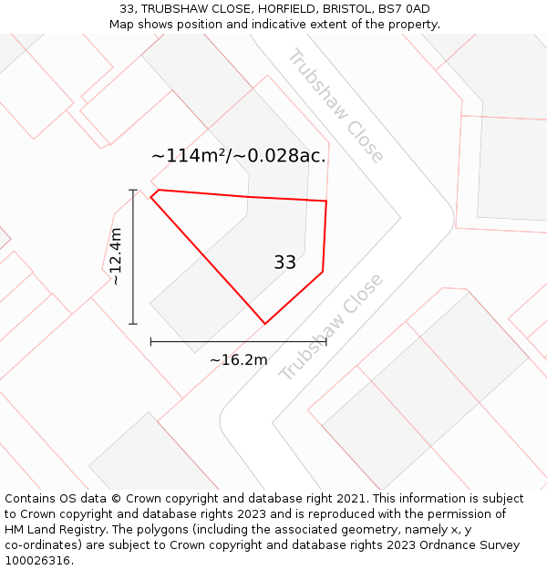 33, TRUBSHAW CLOSE, HORFIELD, BRISTOL, BS7 0AD: Plot and title map