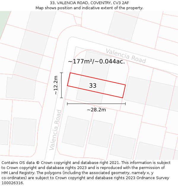 33, VALENCIA ROAD, COVENTRY, CV3 2AF: Plot and title map