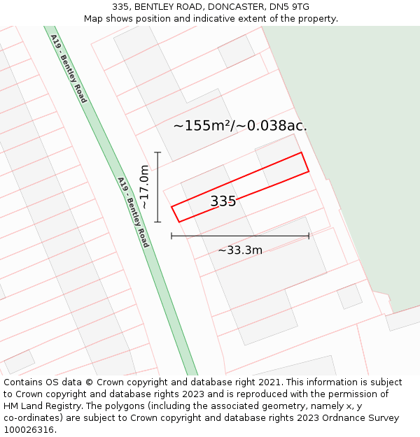 335, BENTLEY ROAD, DONCASTER, DN5 9TG: Plot and title map