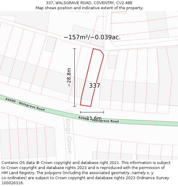 337, WALSGRAVE ROAD, COVENTRY, CV2 4BE: Plot and title map