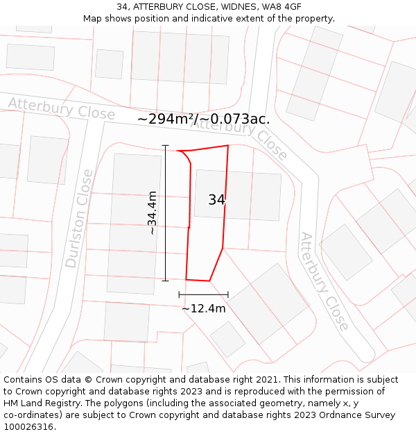 34, ATTERBURY CLOSE, WIDNES, WA8 4GF: Plot and title map