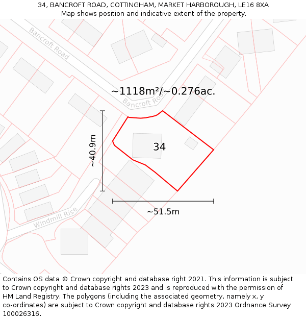 34, BANCROFT ROAD, COTTINGHAM, MARKET HARBOROUGH, LE16 8XA: Plot and title map