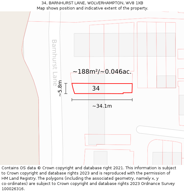 34, BARNHURST LANE, WOLVERHAMPTON, WV8 1XB: Plot and title map