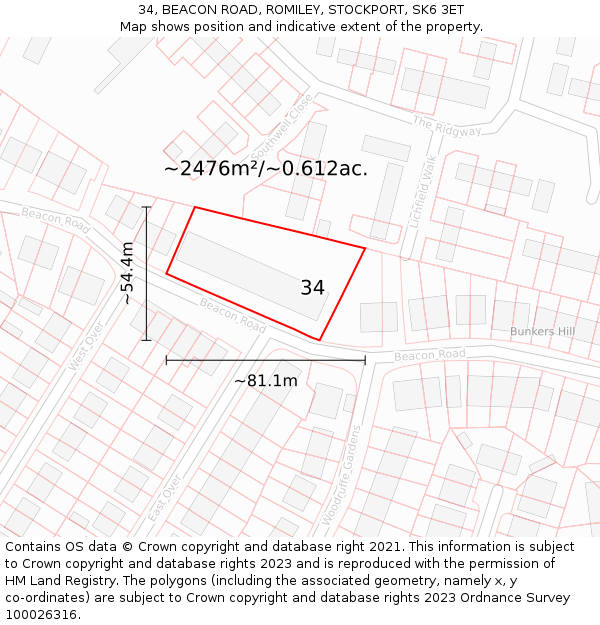 34, BEACON ROAD, ROMILEY, STOCKPORT, SK6 3ET: Plot and title map