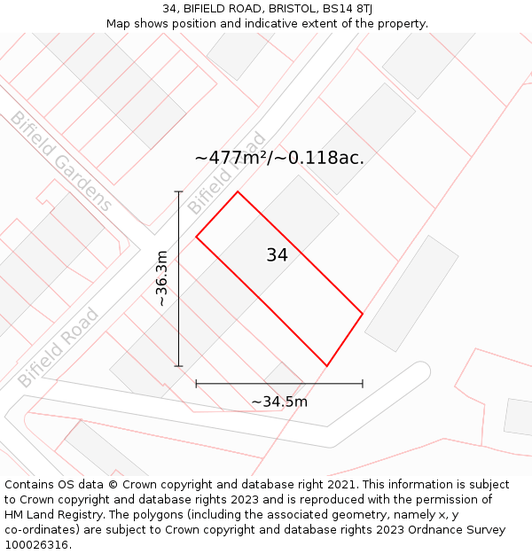34, BIFIELD ROAD, BRISTOL, BS14 8TJ: Plot and title map