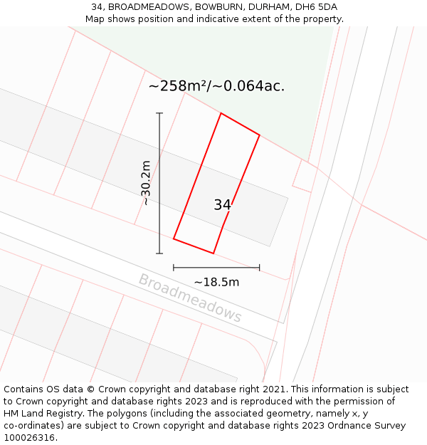 34, BROADMEADOWS, BOWBURN, DURHAM, DH6 5DA: Plot and title map