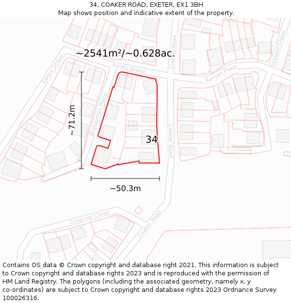 34, COAKER ROAD, EXETER, EX1 3BH: Plot and title map