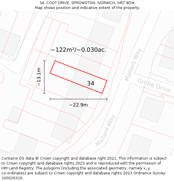 34, COOT DRIVE, SPROWSTON, NORWICH, NR7 8DW: Plot and title map