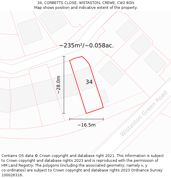 34, CORBETTS CLOSE, WISTASTON, CREWE, CW2 8GN: Plot and title map