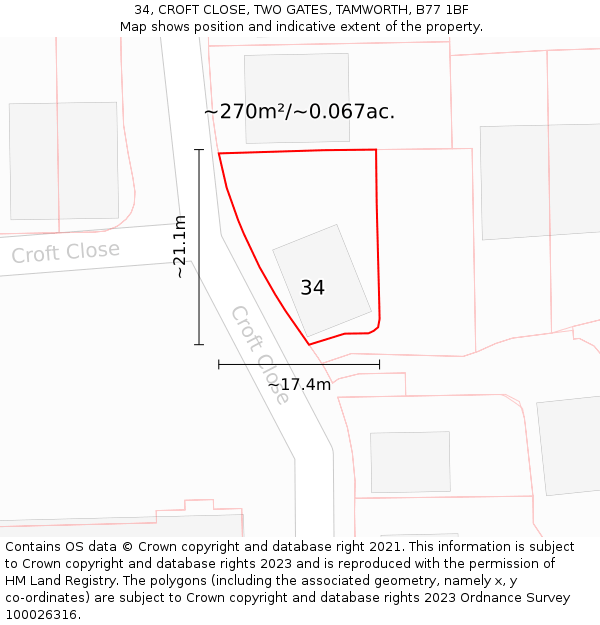34, CROFT CLOSE, TWO GATES, TAMWORTH, B77 1BF: Plot and title map