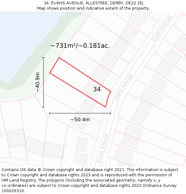 34, EVANS AVENUE, ALLESTREE, DERBY, DE22 2EJ: Plot and title map
