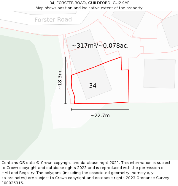 34, FORSTER ROAD, GUILDFORD, GU2 9AF: Plot and title map