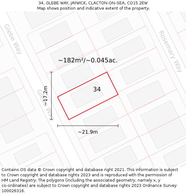 34, GLEBE WAY, JAYWICK, CLACTON-ON-SEA, CO15 2EW: Plot and title map